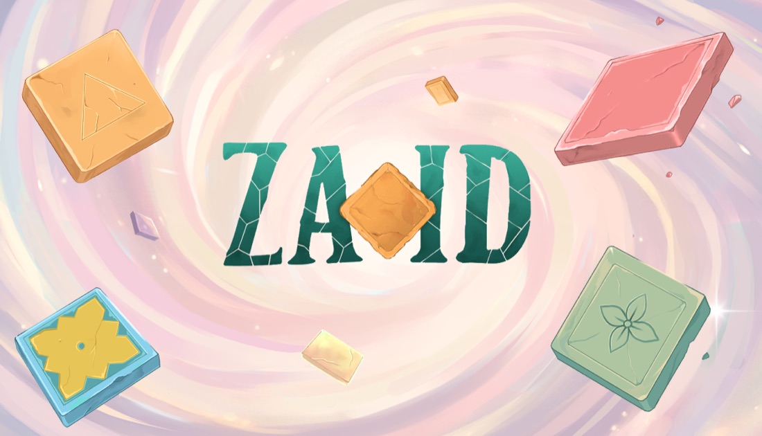 Za-id key art — stone tiles drifting through a pale swirl around the Za-id logo